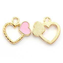 Pink Alloy Enamel Pendants, Heart, Light Gold, Pink, 18x18x2.5mm, Hole: 2mm