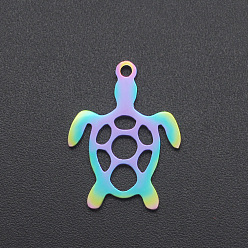 Rainbow Color Ion Plating(IP) 201 Stainless Steel Pendants, Sea Turtle Charm, Laser Cut, Rainbow Color, 19x14x1mm, Hole: 1.2mm