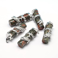 Unakite Column with Dragon Platinum Plated Brass Natural Unakite Pendants, Cadmium Free & Lead Free, 40~42x13mm, Hole: 5x8mm