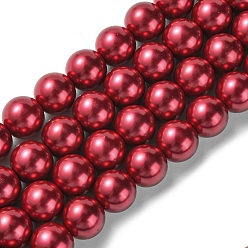 Crimson Eco-Friendly Glass Pearl Beads Strands, Grade A, Round, Dyed, Cotton Cord Threaded, Crimson, 14mm, Hole: 1.2~1.5mm, about 30pcs/strand, 15.7 inch