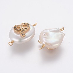 Leo Natural Pearl Links connectors, with Brass Micro Pave Cubic Zirconia Findings, Flat Round with Constellation, Golden, Marine Blue, Leo, 20~26x9~17x5~11mm, Hole: 1.6mm