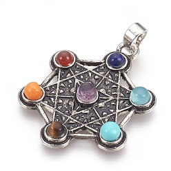 Antique Silver Natural & Synthetic Gemstone Pendants, with Alloy Findings, Chakra, Metatron's Cube/Sacred Geometry, Antique Silver, 38x30x5mm, Hole: 5x8mm