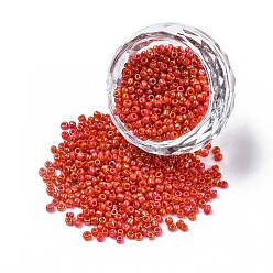 Orange Red Opaque Glass Seed Beads, Rainbow Plated, Round, Orange Red, 2mm, Hole: 1mm, about 30000pcs/bag