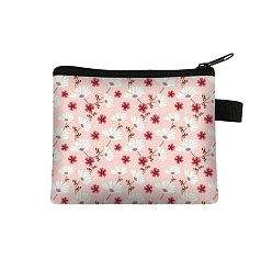 Pink Flower Pattern Cartoon Style Polyester Clutch Bags, Change Purse with Zipper & Key Ring, for Women, Rectangle, Pink, 13.5x11cm