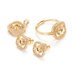 Real 18K Gold Plated Brass Finger Ring & Pendants & Stud Earrings Findings, with Cubic Zirconia, for Half Drilled Beads, Long-Lasting Plated, Square, Clear, Real 18K Gold Plated, Ring: Inner Diameter: 19mm, Pendants: 16x12.5x4mm, Hole: 3.5x3mm, Earrings: 15x11mm, Pin: 0.8mm