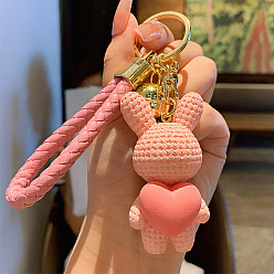 Pink Rabbit with Heart Resin Keychain, with Alloy Findings and Bell, Pink, 7x3.5cm