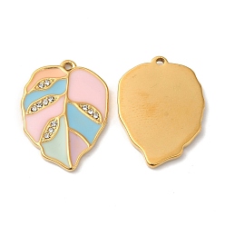 Peru Real 18K Gold Plated 304 Stainless Steel Rhinestone Pendants, with Enamel, Leaf Charms, Peru, 21.5x16x2mm, Hole: 1mm