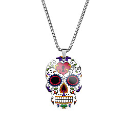 Dark Red Stainless Steel Skull with Flower Pendant Necklaces, Halloween Jewelry for Women, Dark Red, 23.62 inch(60cm)