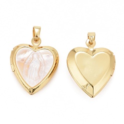 Real 18K Gold Plated Natural Shell Pendants, with Rack Plating Brass Findings, Cadmium Free & Lead Free & Nickle Free, Seashell Color, Heart with Virgin Mary, Real 18K Gold Plated, 21x17x6mm, Hole: 5.5x2.7mm