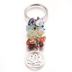 Pierre Mélangete Porte-clés en pierre naturelle, avec les accessoires en laiton, plat rond de lotus, 80 mm, pendentif: 24x19.5x1.5 mm