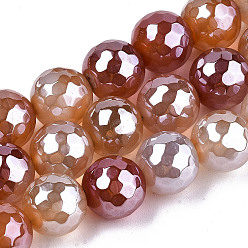 Dark Salmon Electroplate Natural Agate Beads Strands, Dyed, Faceted, Pearl Luster Plated, Round, Dark Salmon, 10.5mm, Hole: 1.2mm, about 36~37pcs/strand, 14.37 inch~14.57 inch(36.5cm~37cm)