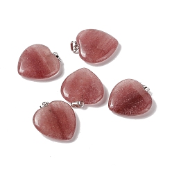 Quartz Fraise Pendentifs en quartz naturel à la fraise, avec les accessoires en laiton de tonalité de platine, charme coeur, 27~28x25x7mm, Trou: 7x4mm
