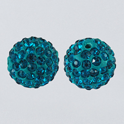 Blue Zircon Pave Disco Ball Beads, Polymer Clay Rhinestone Beads, Round, Blue Zircon, PP13(1.9~2mm), 5 Rows Rhinestone, 8mm, Hole: 1mm