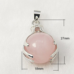 Rose Quartz Gemstone Pendants, with Brass Findings and Natural Rose Quartz, Round, Platinum, Pink, 27x18mm, Hole: 4x6mm