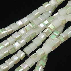 Pale Green Electroplate Glass Beads Strands, Imitation Jade, Half Plated, Faceted Cube, Pale Green, 4x4x4mm, Hole: 1mm, about 100pcs/strand, 16.9 inch