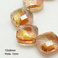 Dark Orange Electroplate Glass Beads Strands, Half Plated, Faceted, Square, Dark Orange, 15x15x8mm, Hole: 1mm