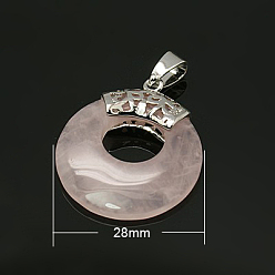 Quartz Rose Rose pendentifs quartz, avec les accessoires en laiton, plat rond, de couleur métal platine , 28x6mm, Trou: 7x4mm