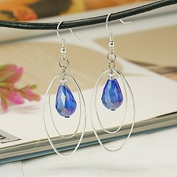 Royal Blue Trendy Glass Teardrop Dangle Earrings, with Brass Oval Rings and Brass Earring Hooks, Royal Blue, 65mm