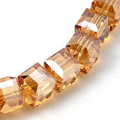 Orange Electorplated Glass Beads, Rainbow Plated, Faceted, Cube, Orange, 7x7x7mm, Hole: 1mm