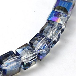 Royal Blue Electorplated Glass Beads, Rainbow Plated, Faceted, Cube, Royal Blue, 10~11x10~11x10~11mm, Hole: 1mm