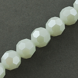 White Electroplate Glass Beads Strands, Pearl Luster Plated, Imitation Jade, Faceted, Round, White, 8x7mm, Hole: 1mm, 72pcs/strand, 21.2 inch