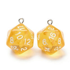 Yellow Transparent Acrylic Pendants, with Platinum Plated Iron Findings, Faceted, Dice, Yellow, 27.5x20x20mm, Hole: 2mm