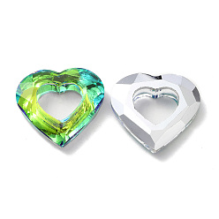 Césped Verde Colgantes de cristal de galvanizado, espalda plateada, encantos del corazón facetas, verde césped, 24.5x26x6 mm, agujero: 11x13 mm