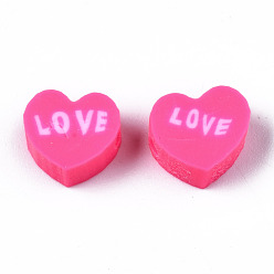 Rose Chaud Perles en fimo faits à la main, coeur avec l'amour des mots, rose chaud, 8~8.5x9~9.5x4.5mm, Trou: 1.8mm