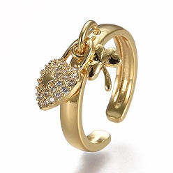 Настоящее золото 18K Латунные кольца из манжеты с прозрачным цирконием, открытые кольца, замок сердца с клевером, реальный 18 k позолоченный, Размер 7, внутренний диаметр: 17 мм
