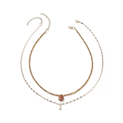 Pierre Mélangete 2 pcs 2 style goutte de jaspe rouge naturel et lettre initiale en laiton un ensemble de colliers pendentifs, colliers de perles de grenat naturel pour femmes, 15.5~18.82 pouce (39.5~47.8 cm), 1 pc / style
