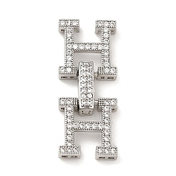 Platinum Rack Plating Brass Micro Pave Clear Cubic Zirconia Fold Over Clasps, Long-Lasting Plated, Letter H, Platinum, 28mm, Letter: 12x12x3.5mm, Hole: 1x1mm