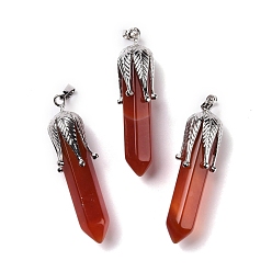 Red Agate Natural Red Agate Big Pendants, with Platinum Tone Brass Findings, Cadmium Free & Lead Free, Bullet with Leaf, 53.5~57x14~15x14~15mm, Hole: 7x4mm