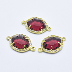 Dark Red Brass Micro Pave Cubic Zirconia Links, with Glass, Faceted, Oval, Golden, Dark Red, 26x16x5mm, Hole: 1.6mm