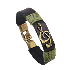 Black Imitation Leather Cord Bracelets, with Alloy Button and Musical Note, Antique Golden, Black, 8-5/8 inch(22cm), 16mm
