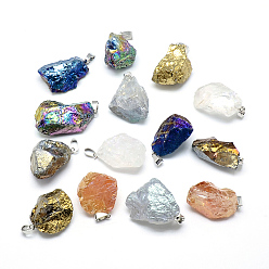 Quartz Crystal Electroplated Natural Quartz Crystal Pendants, with Iron Findings, Nuggets, 30~40x20~27x16~20mm, Hole: 6x3mm
