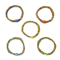 Mixed Color 2Pcs 2 Style Glass Seed & Evil Eye Resin Beaded Stretch Bracelets Set for Women, Mixed Color, Inner Diameter: 2-1/8 inch(5.5cm)