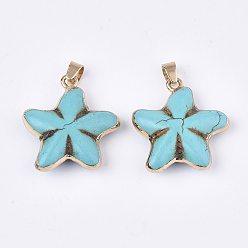 Synthetic Turquoise Electroplate Synthetic Turquoise Pendants, with Iron Findings, Dyed, Flower, Golden, 27~30x26~29x9~10mm, Hole: 4.5x6mm