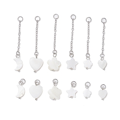 Seashell Color 12Pcs 12 Styles Natural Freshwater Shell Big Pendants Set, with Platinum Plated 304 Stainless Steel Open Jump Rings and Brass Cable Chains, Heart & Moon & Star, Mixed Shapes, Seashell Color, 47~53mm, 1pc/style