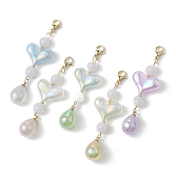 Mixed Color Acrylic Pendant Decorations, with Resin Beads and 304 Stainless Steel Clasp, Heart & Teardrop, Mixed Color, 77.5~78mm