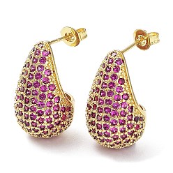 Medium Violet Red Cubic Zirconia Teardrop Stud Earrings, Real 16K Gold Plated Brass Earrings for Woman, Medium Violet Red, 20x12mm