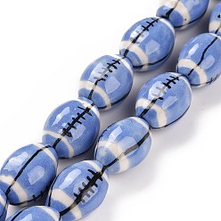 Bleu Bleuet Brins de perles de porcelaine faites à la main, de rugby, bleuet, 16x11mm, Trou: 1.6mm, Environ 22 pcs/chapelet, 13.98'' (35.5 cm)