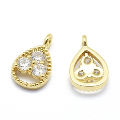 Real 18K Gold Plated Brass Charms, with Cubic Zirconia, Lead Free & Cadmium Free & Nickel Free, teardrop, Clear, Real 18K Gold Plated, 13x8x3mm, Hole: 1.5mm