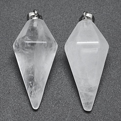 Quartz Crystal Natural Quartz Crystal Pointed Pendants, Rock Crystal Pendants, with Brass Findings, Bullet, Platinum, 38.5x16x14.5mm, Hole: 5x8mm