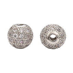 Platinum Brass Cubic Zirconia Beads, Round, Platinum, 8x8mm, Hole: 1.5mm