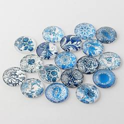 Steel Blue Blue and White Floral Printed Glass Cabochons, Half Round/Dome, Steel Blue, 30x7mm