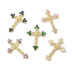 Mixed Color Rack Plating Brass Pave Cubic Zirconia Pendants, Cross Charms, Long-Lasting Plated, Cadmium Free & Lead Free, Real 18K Gold Plated, Mixed Color, 36x25x6mm, Hole: 4x2mm
