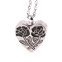 Platinum Alloy Heart with Rose Urn Ashes Pendant Necklace, Stainless Steel Memorial Jewelry for Women, Platinum, 17.72 inch(45cm)