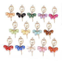 Mixed Color Alloy Big Pendants, with Resin & Crystal Rhinestone, Faceted, Ballerina, Golden, Mixed Color, 59~60x30~31x4.5mm, Hole: 2.5mm