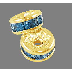 Aigue-marine Teneur en laiton un strass perles d'espacement, plaqué or, rondelle, sans nickel, aigue-marine, 6x3mm, Trou: 1mm