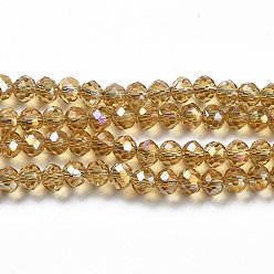 Dark Khaki Electroplate Transparent Glass Beads Strands, Half Rainbow Plated, Faceted, Rondelle, Dark Khaki, 6x5mm, Hole: 1mm, about 85~88pcs/strand, 16.1~16.5 inch(41~42cm)